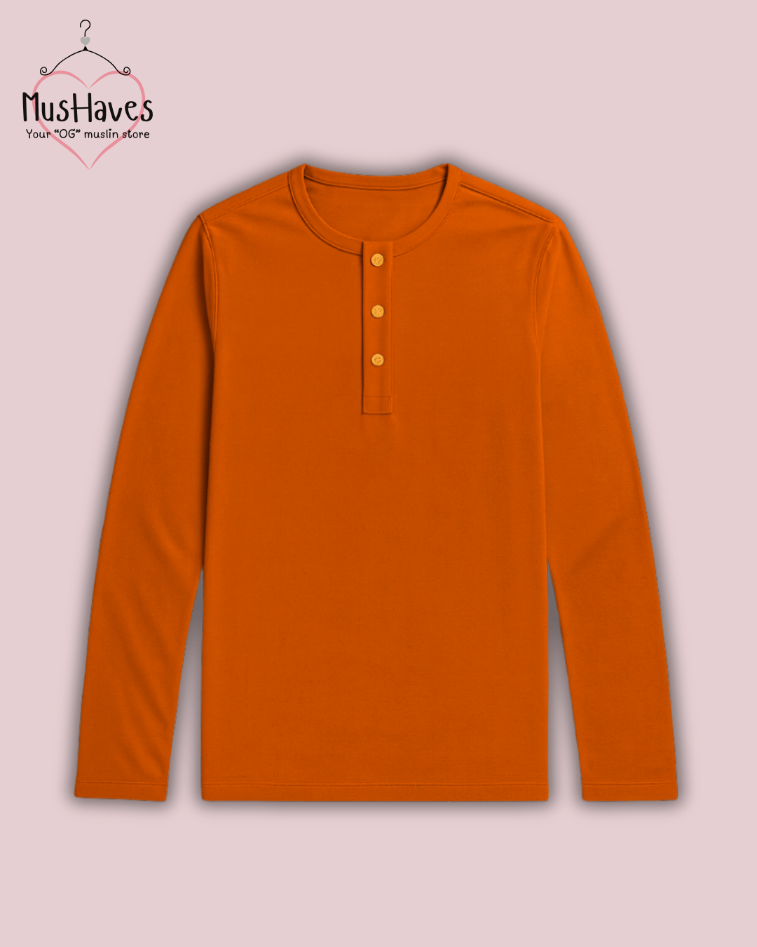 Premium Mulmul Muslin Henley Tee | 100% Organic Cotton | Unisex | Mushaves Classic | Rust Orange